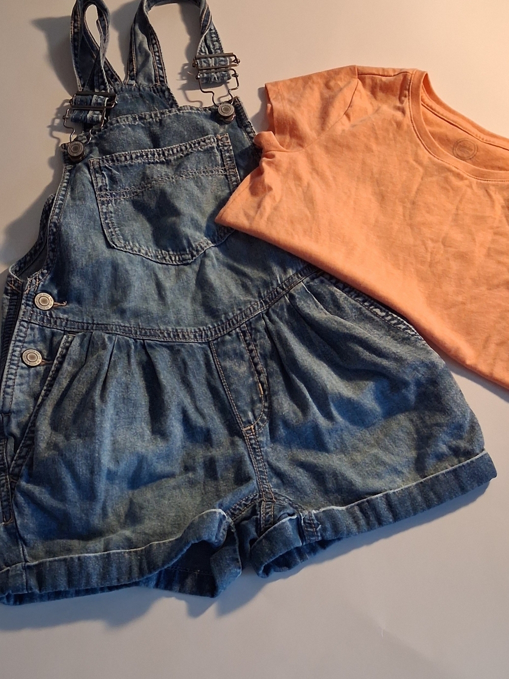 Kids Denim Short Overalls with Peach Tee